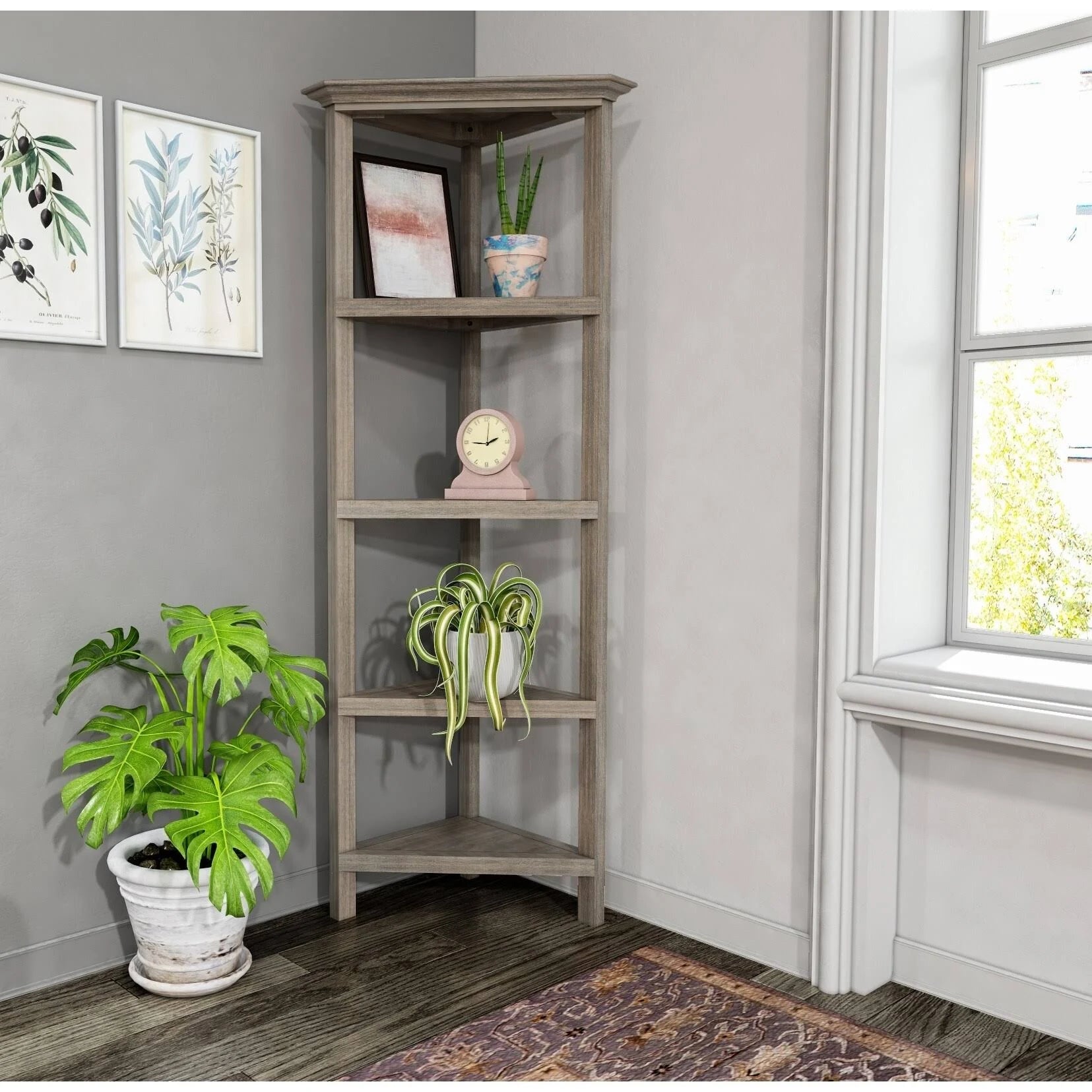 4-Tier Corner Wooden Bookcase Washed Grey X919