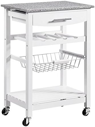 Green Granite Top Pine Wood Rolling Kitchen Island Microwave Cart with Storage C949456