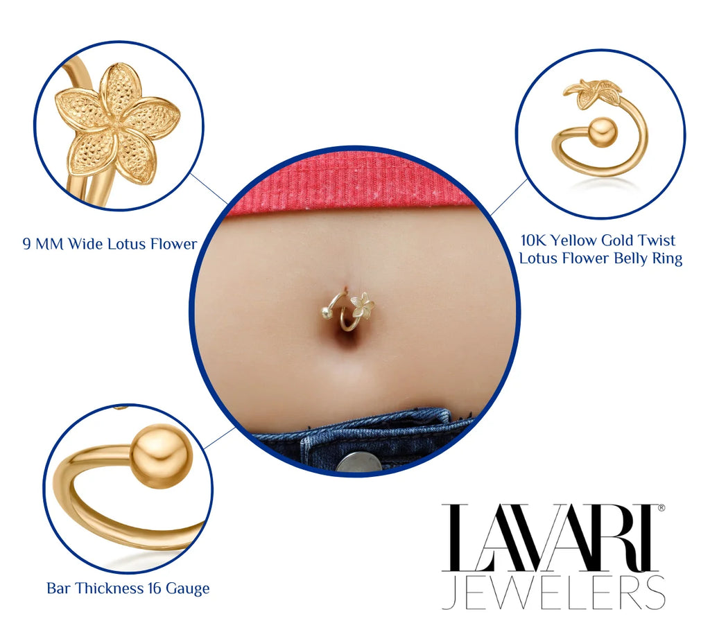 10K Yellow Gold Lotus Flower Belly Ring 9 mm Wide T206