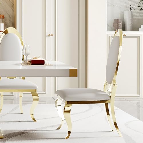 78" Gold Finish MDF Dining Table Set with PU Leather Chairs C416