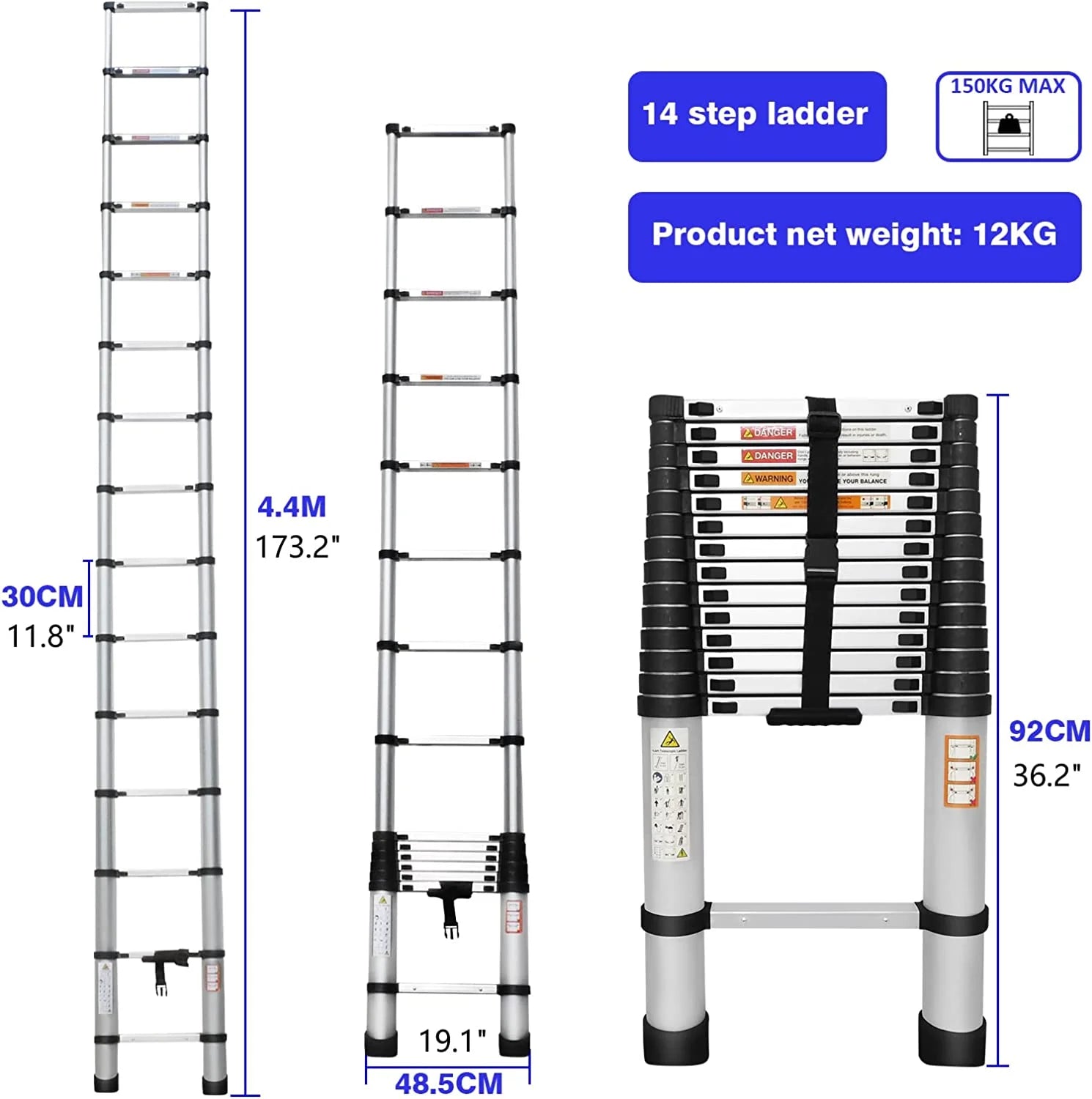 Telescoping Ladder 14FT Aluminum Portable Extendable Ladder, 330 Pound K253022