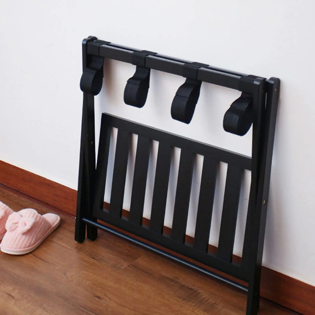 Black Bamboo Wood 2 Tiers Foldable Luggage Rack P745086