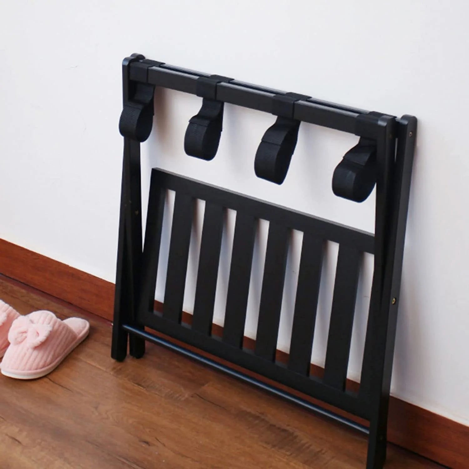 Black Bamboo Wood 2 Tiers Foldable Luggage Rack P745086