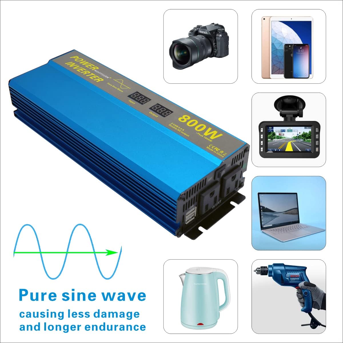 800W Pure Sine Wave Power Inverter DC 12V to 110V AC with 2.4A Dual USB LCD Digital Display C270