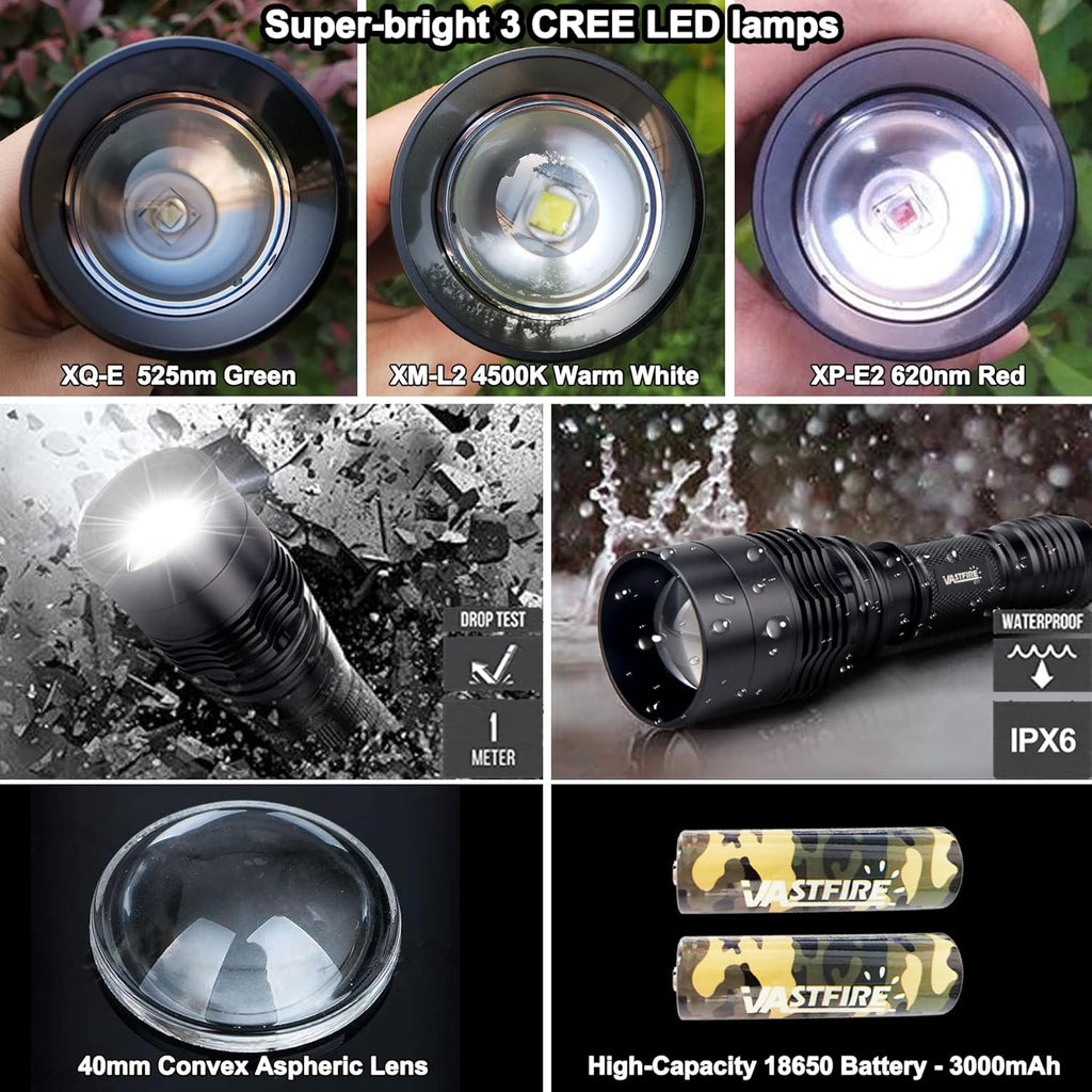 Zoomable LED Hunting Flashlight Kit with Interchangeable Red Green White C477