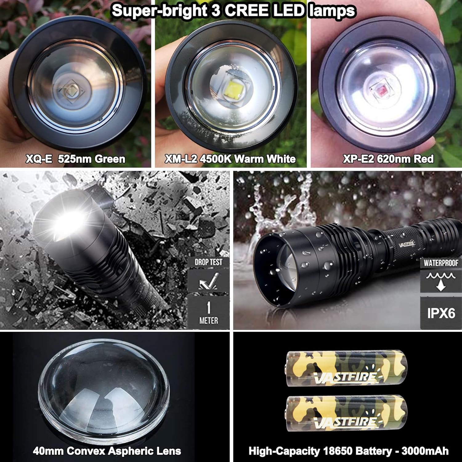 Zoomable LED Hunting Flashlight Kit with Interchangeable Red Green White C477