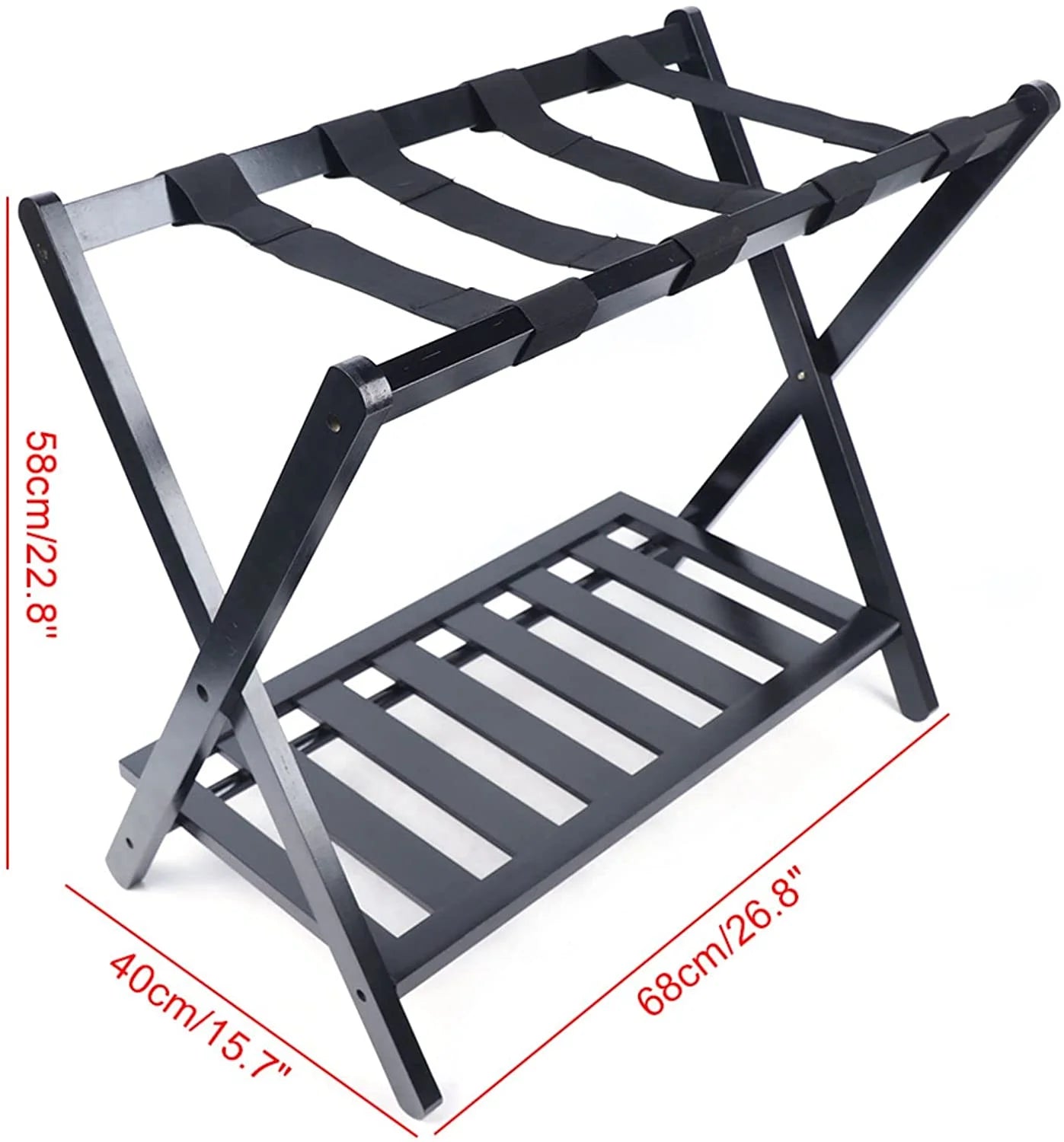 Black Bamboo Wood 2 Tiers Foldable Luggage Rack P745086