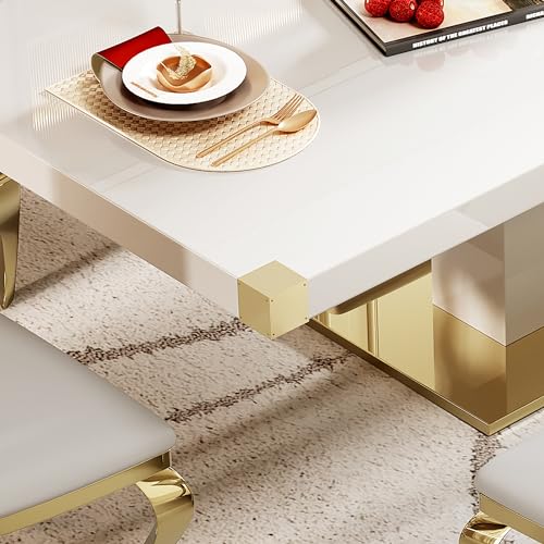 78" Gold Finish MDF Dining Table Set with PU Leather Chairs C416