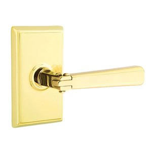 Right Handed Passage Door Lever with Rectangular Rose in Unlacquered Brass Z66195