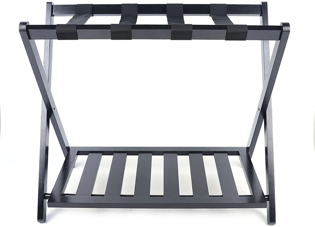 Black Bamboo Wood 2 Tiers Foldable Luggage Rack P745086