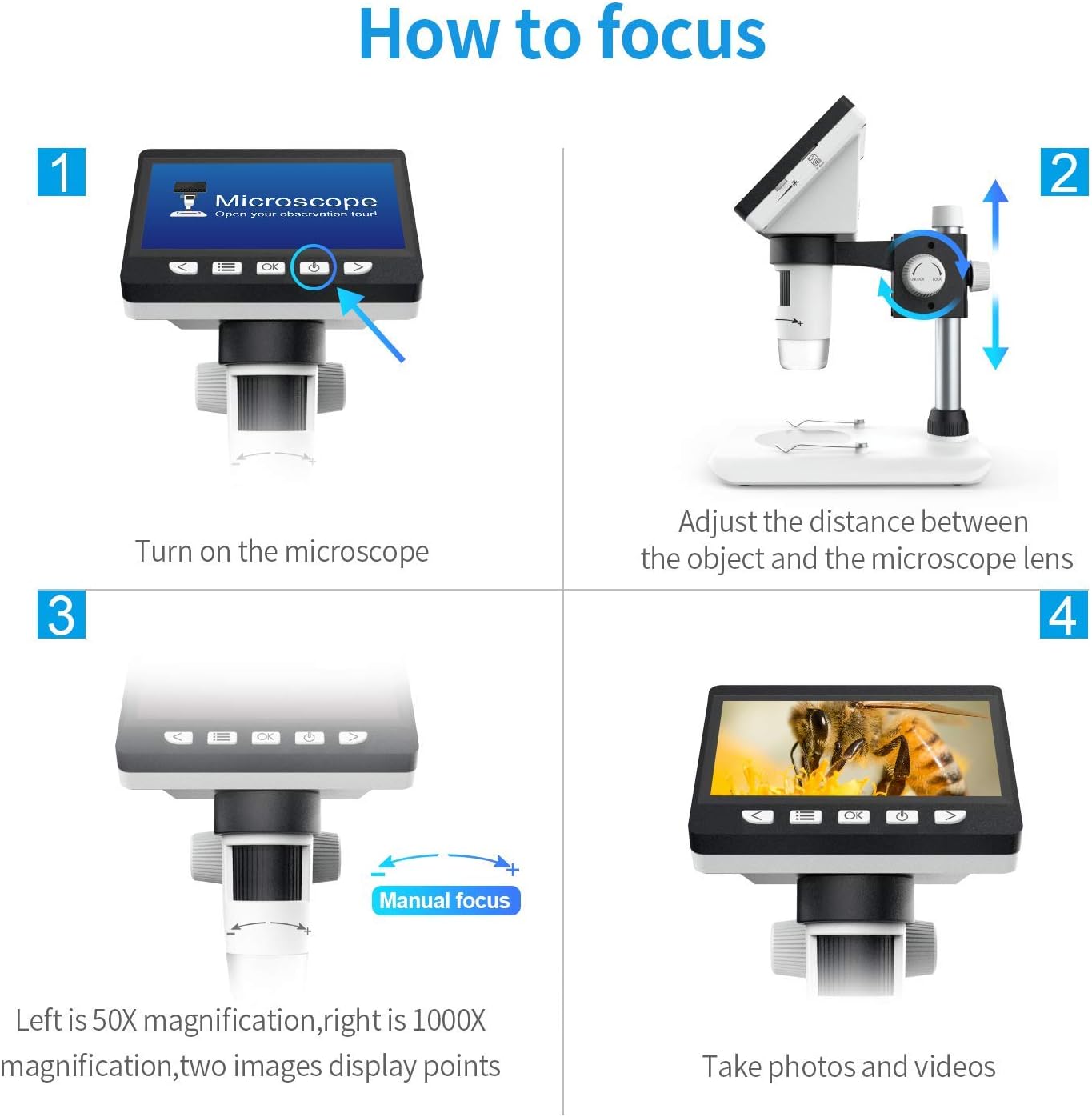 4.3 inch 50X-1000X 2 Megapixels USB Microscope with 32G TF Card Pack of 2 K2709