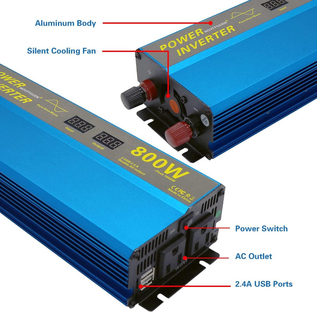 800W Pure Sine Wave Power Inverter DC 12V to 110V AC with 2.4A Dual USB LCD Digital Display C270