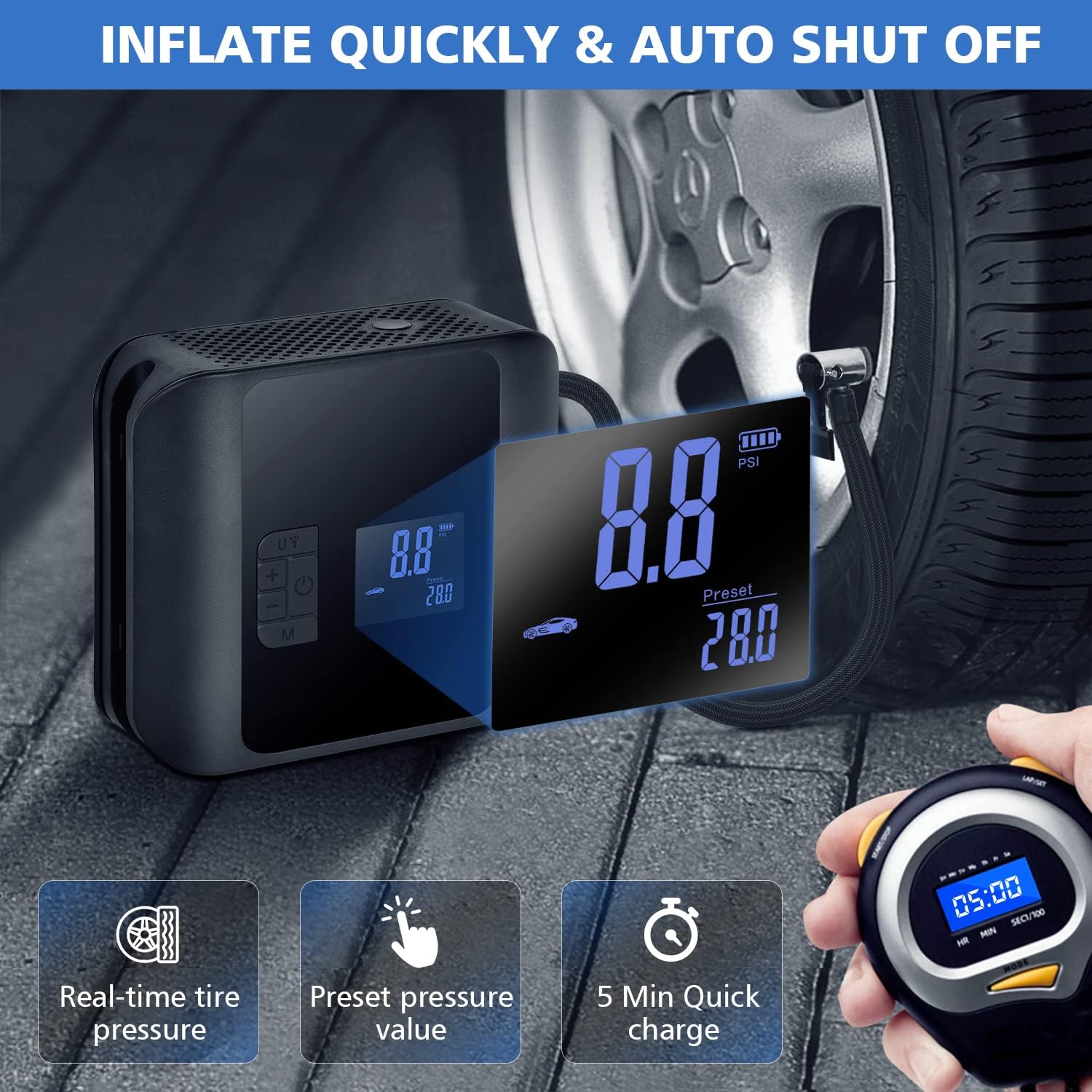 Tire Inflator Portable Air Compressor, 12v DC, 150PSI H425