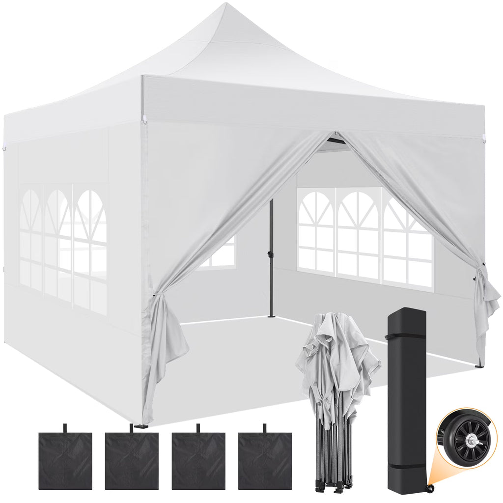 10x10 FT Pop Up Canopy Tent with 4 Removable Sidewalls, Roller Bag and 4 Sandbags, White Y91626