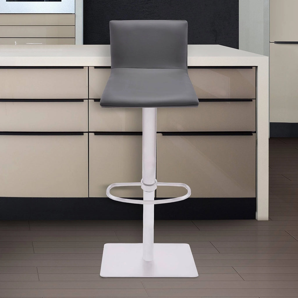 Brushed Stainless Steel Barstool with Grey Faux Leather and Walnut Back R4493