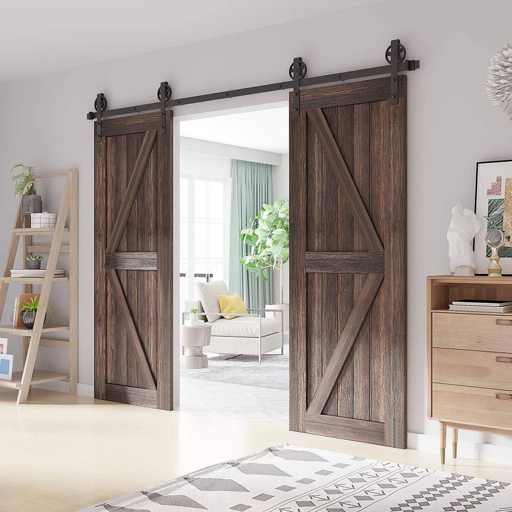 13 ft. Frosted Black Sliding Barn Door Track and Hardware Kit with Non-Routed Floor Guide J84960