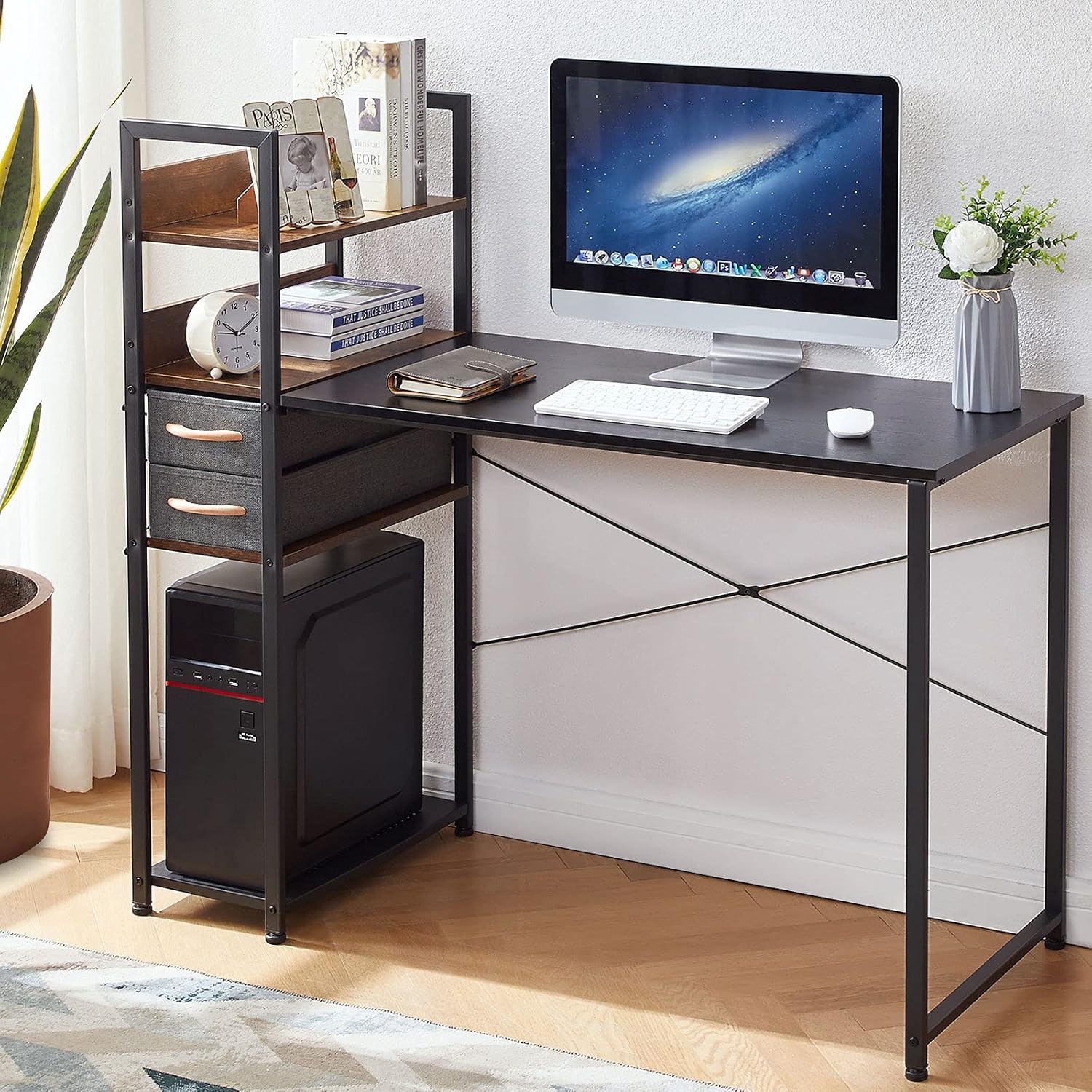 Computer Desk with Storage Shelves and Canvas Drawer, Black & Rustic Brown, Pack of 2 O11351