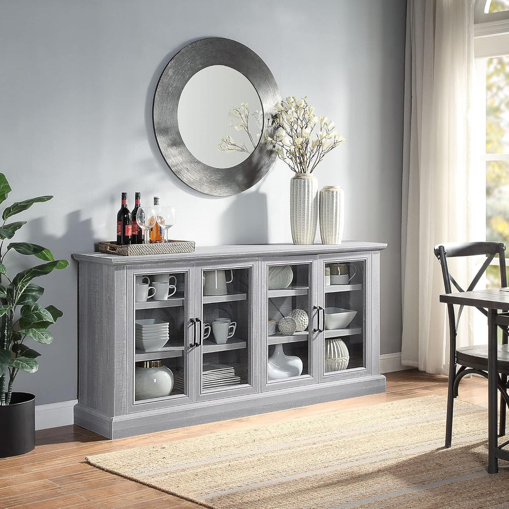 Rustic Oak Wood Sideboard with Glass Doors and Adjustable Shelves V9463