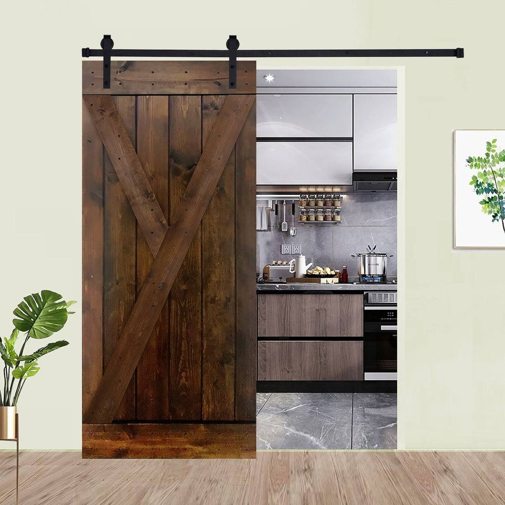12-Panel Dark Brown Painted Wood Sliding Door with Installation Hardware Kit H442