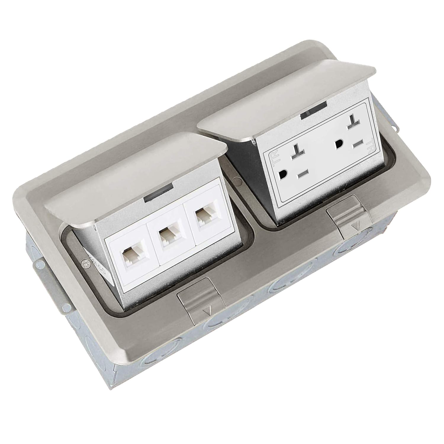 Dual Pop-Up Floor Box Kit with 20A Tamper-Weather Resistant Receptacle Outlets and RJ45 Data Ports K408