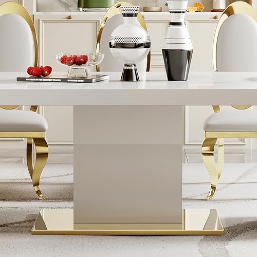 78" Gold Finish MDF Dining Table Set with PU Leather Chairs C416