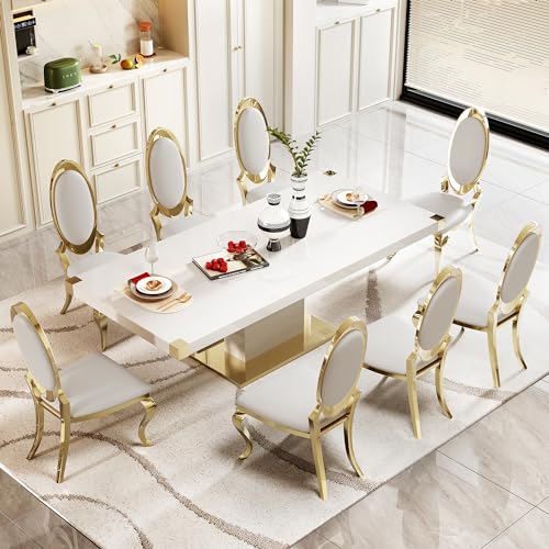 78" Gold Finish MDF Dining Table Set with PU Leather Chairs C416
