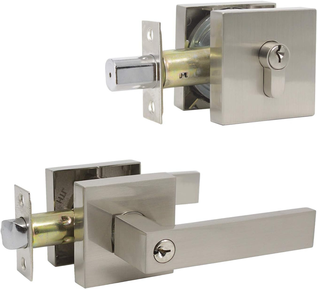 Satin Nickel Square Entry Levers Locksets and Double Cylinder Deadbolts Combination Set, 3 Pack Keyed Alike Y13354