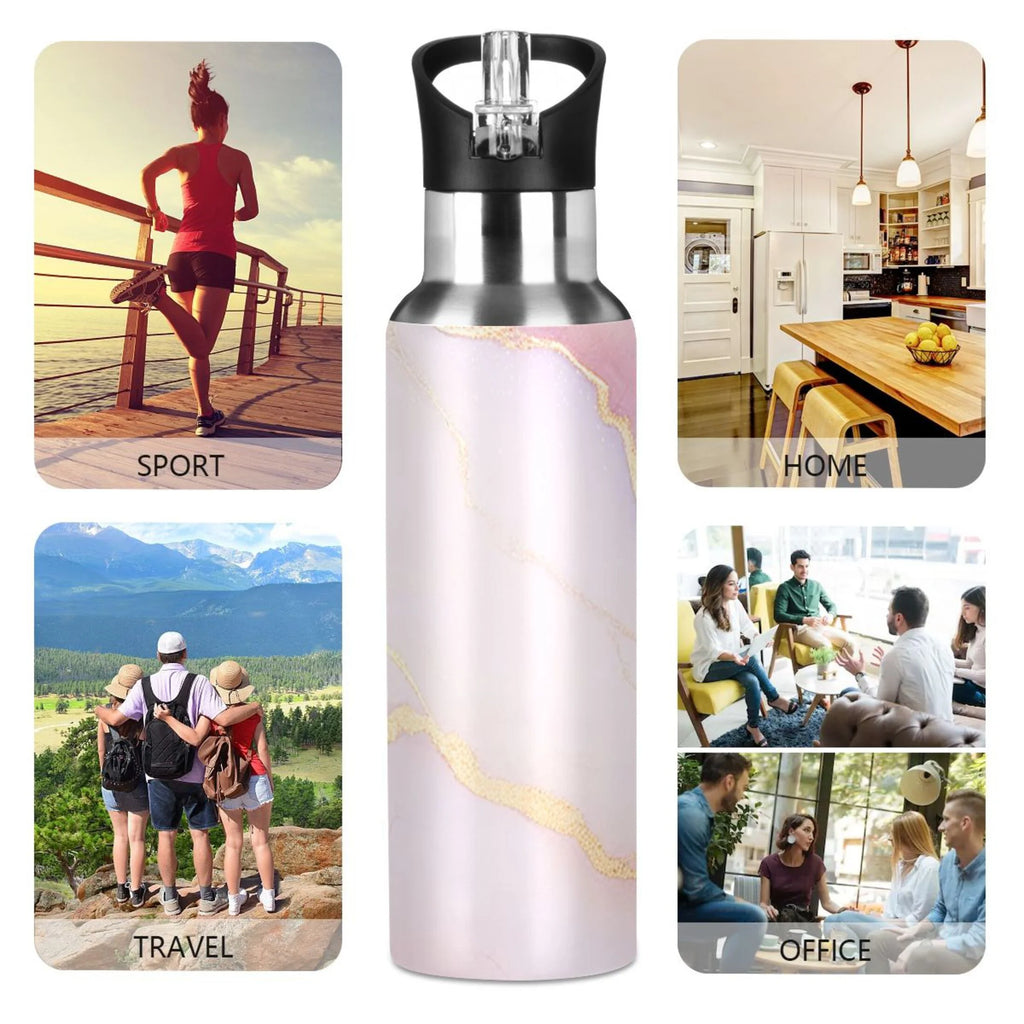 Pink Marble Insulated Stainless Steel Water Bottle with Straw Lid, 20 oz O822