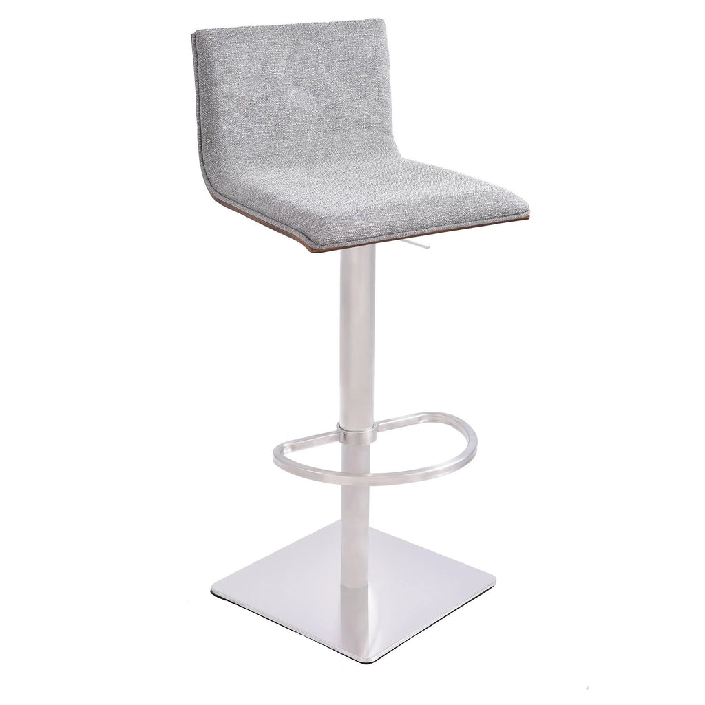 Brushed Stainless Steel Barstool with Grey Faux Leather and Walnut Back R4493