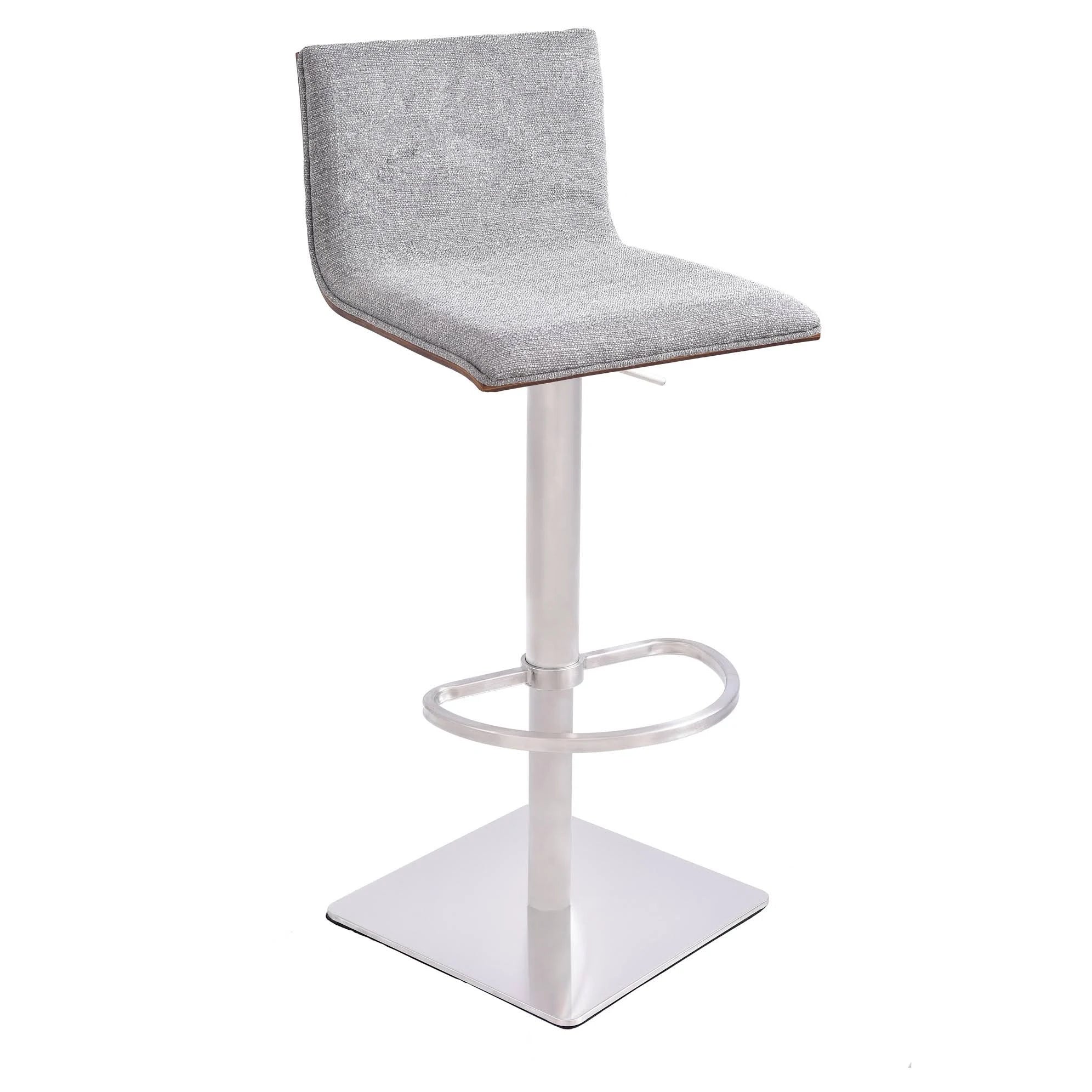 Brushed Stainless Steel Barstool with Grey Faux Leather and Walnut Back R4493