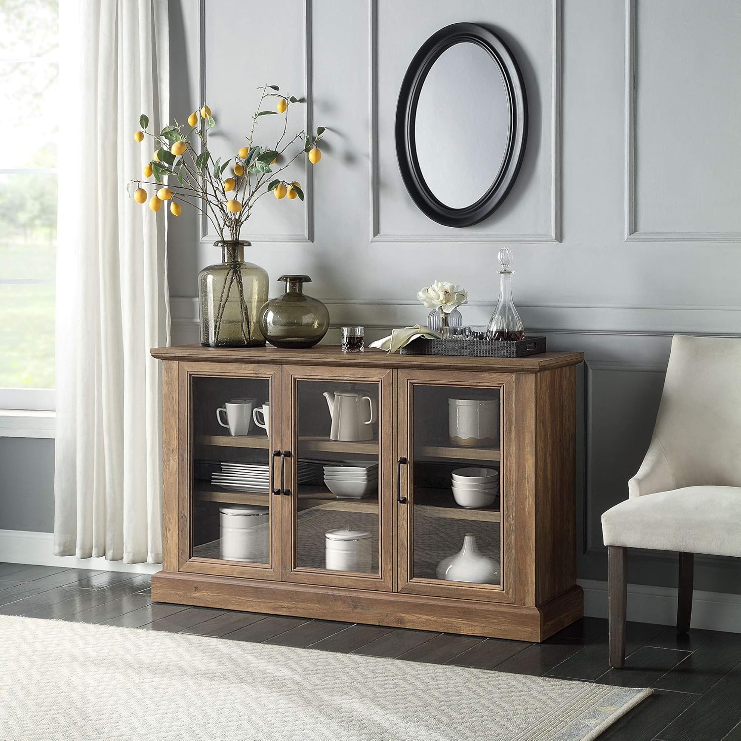 Rustic Oak Wood Sideboard with Glass Doors and Adjustable Shelves V9463