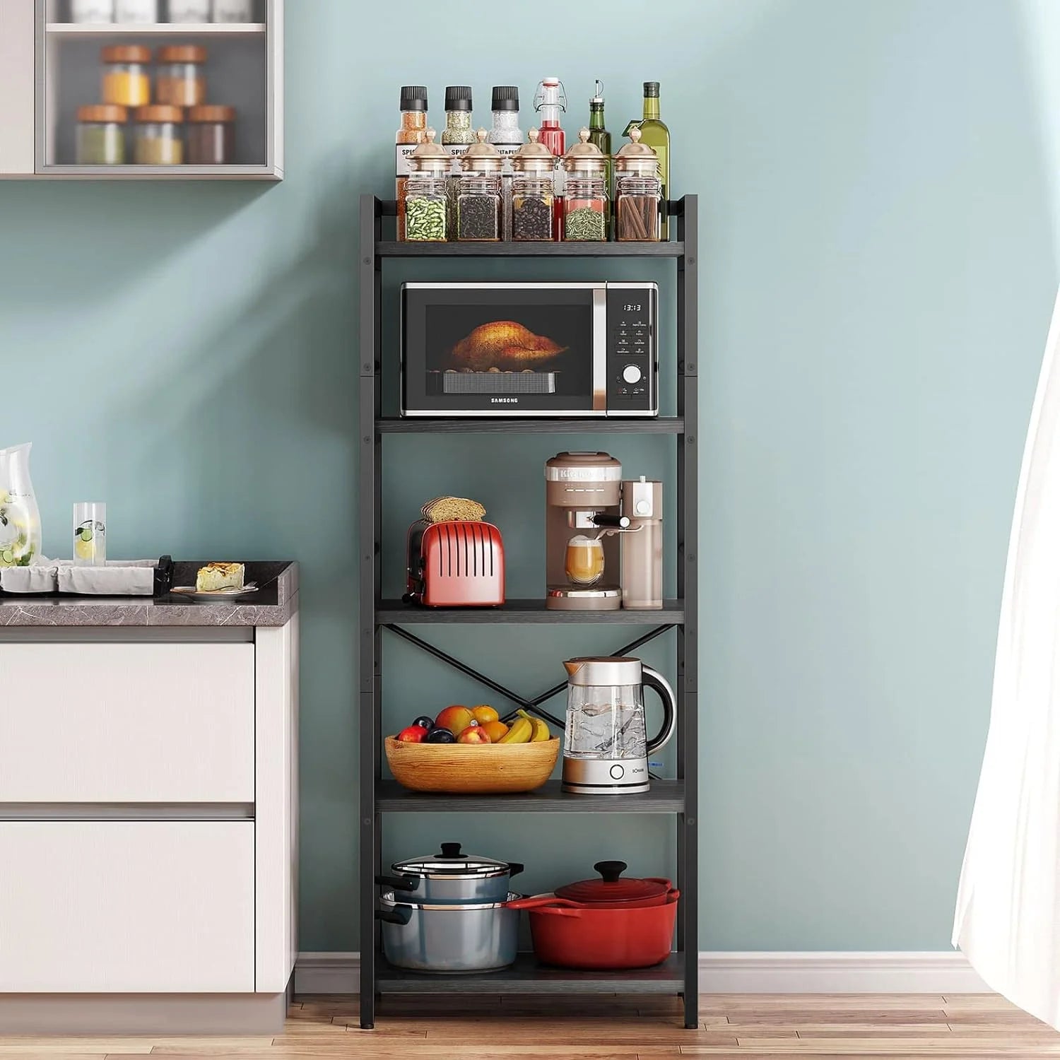 5-Tier Free Standing Kitchen Storage Shelf Rack, Black Q351