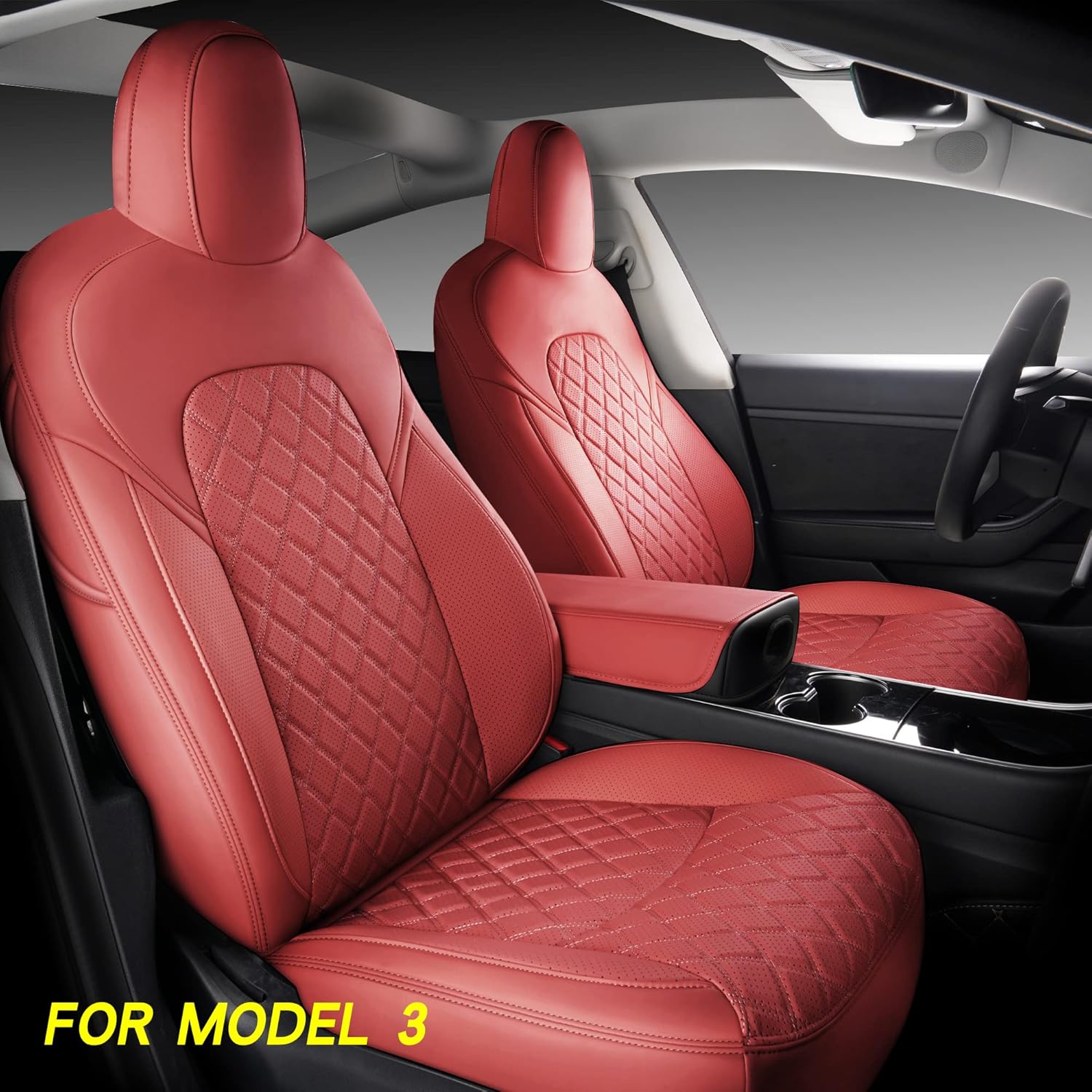 White Faux Leather Custom Car Seat Covers Full Set for Tesla Model Y I562
