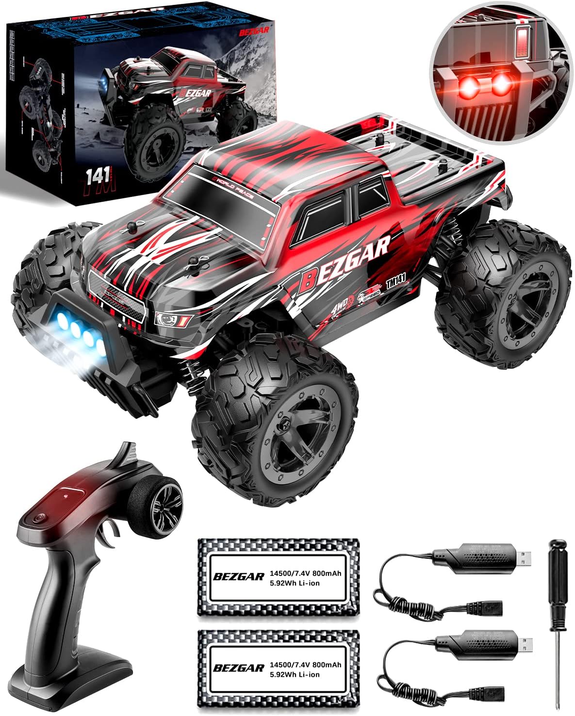 1:14 Scale Remote Control Car, 4WD Electric Toy Off Road RC Monster Truck with Two Rechargeable Batteries T249