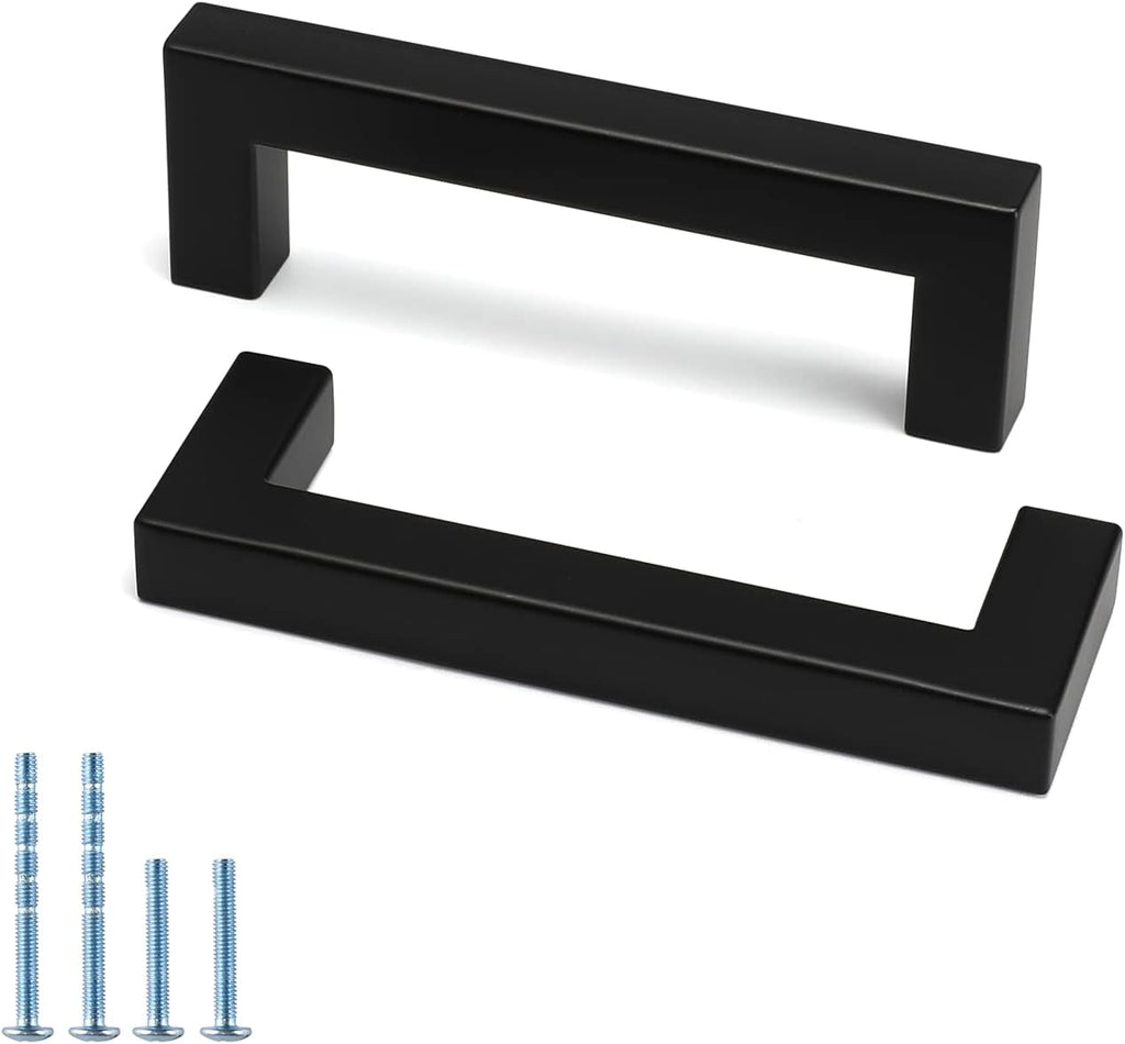 Black Square Bar Cabinet Pull Drawer Handle Stainless Steel, Center to Center 4in N784