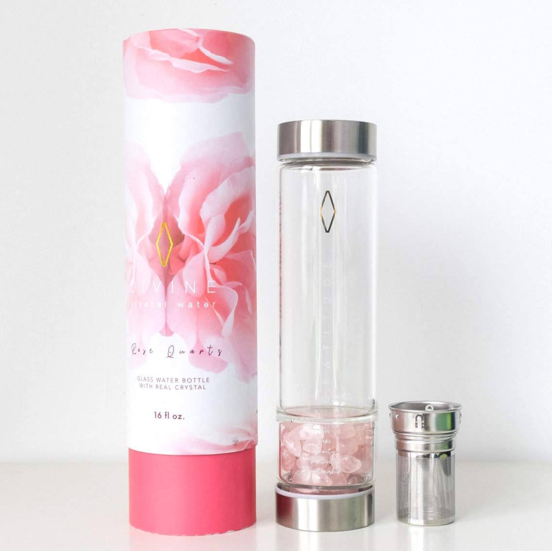 Crystal Tea Infuser Flask with Rose Quartz Crystals and Tea Strainer S2824