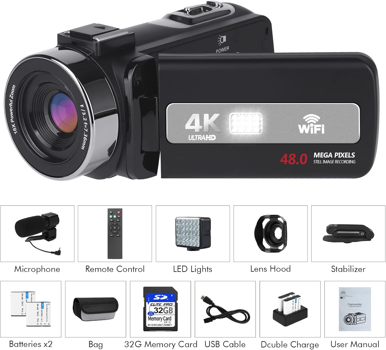 4K 48MP Autofocus Camcorder with WiFi, 18X Digital Zoom, External Microphone, 32GB SD Card, 2 Batteries C10192