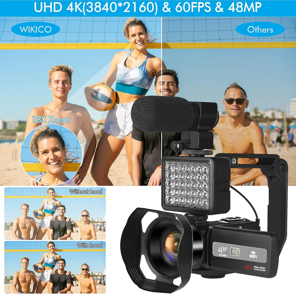 4K 48MP Autofocus Camcorder with WiFi, 18X Digital Zoom, External Microphone, 32GB SD Card, 2 Batteries C10192
