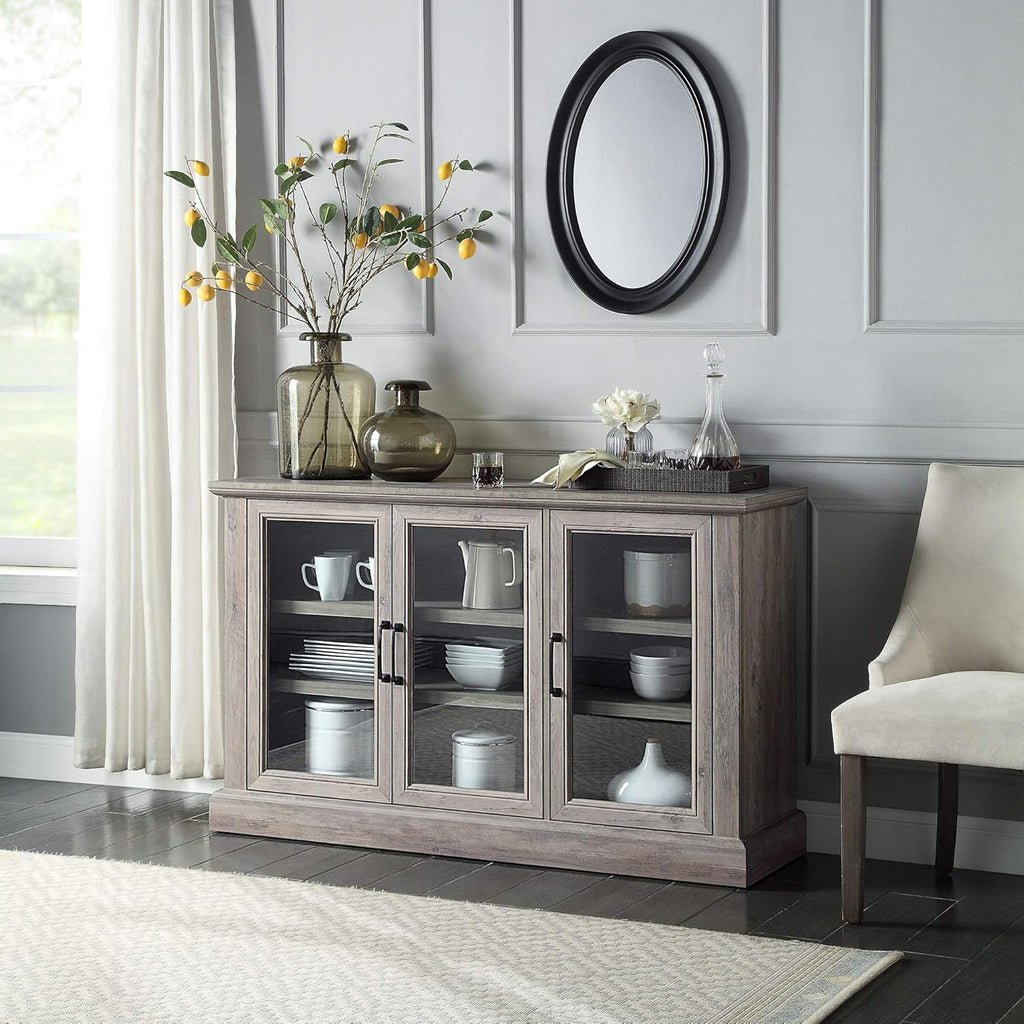 Rustic Oak Wood Sideboard with Glass Doors and Adjustable Shelves V9463