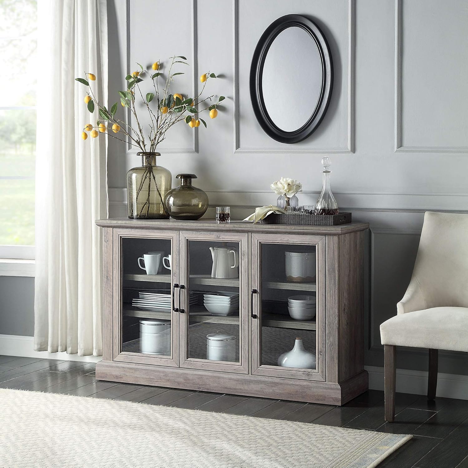 Rustic Oak Wood Sideboard with Glass Doors and Adjustable Shelves V9463