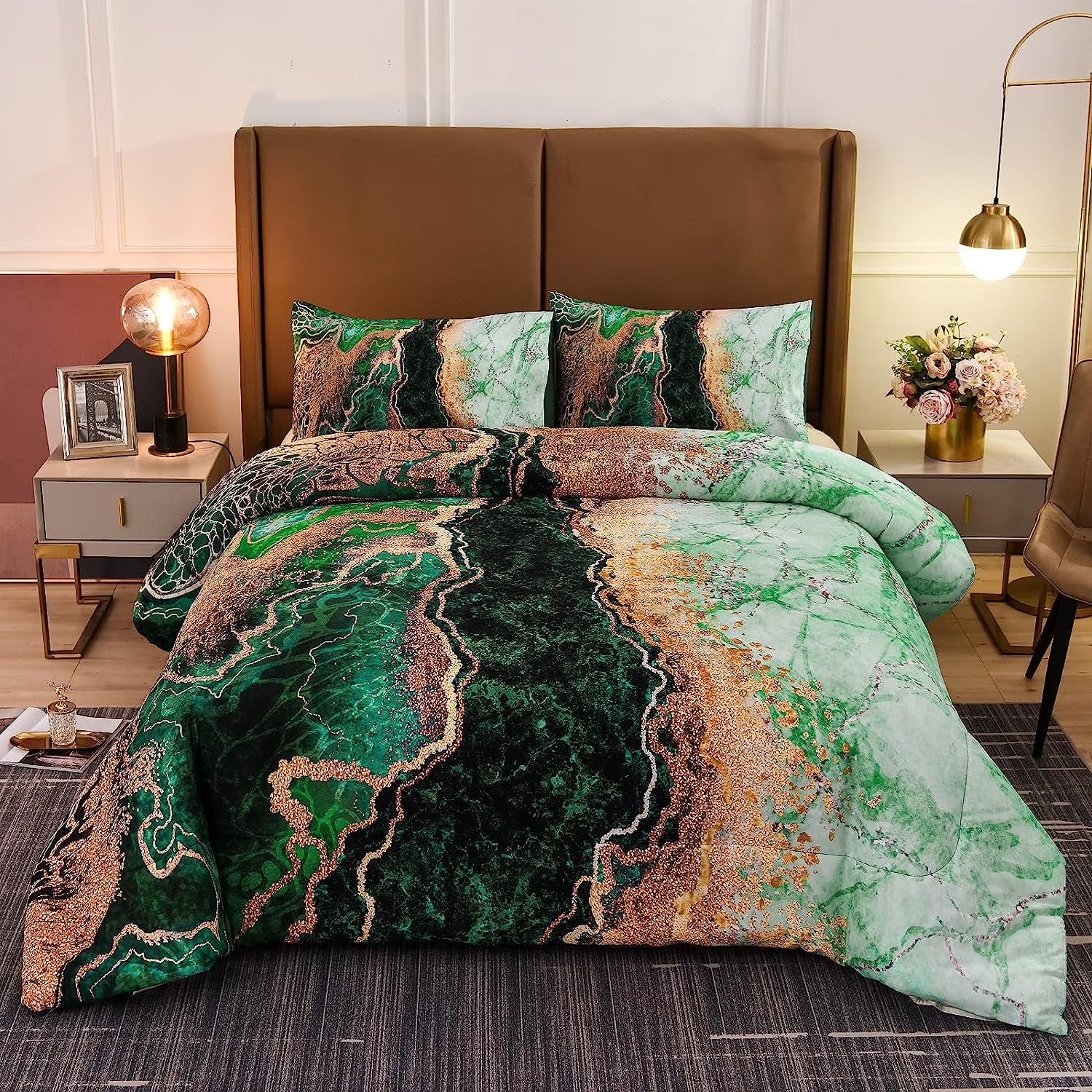 King Comforter Set Marble Printed Bedding Set Watercolor Green G731200
