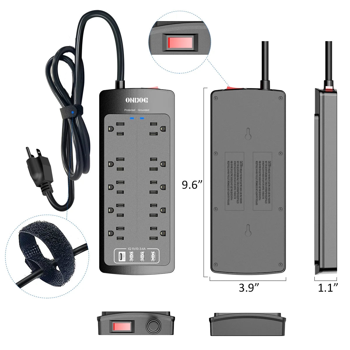 10 Outlets 4 USB Ports 6 Ft Extension Cord Surge Protector Power Strip O132107