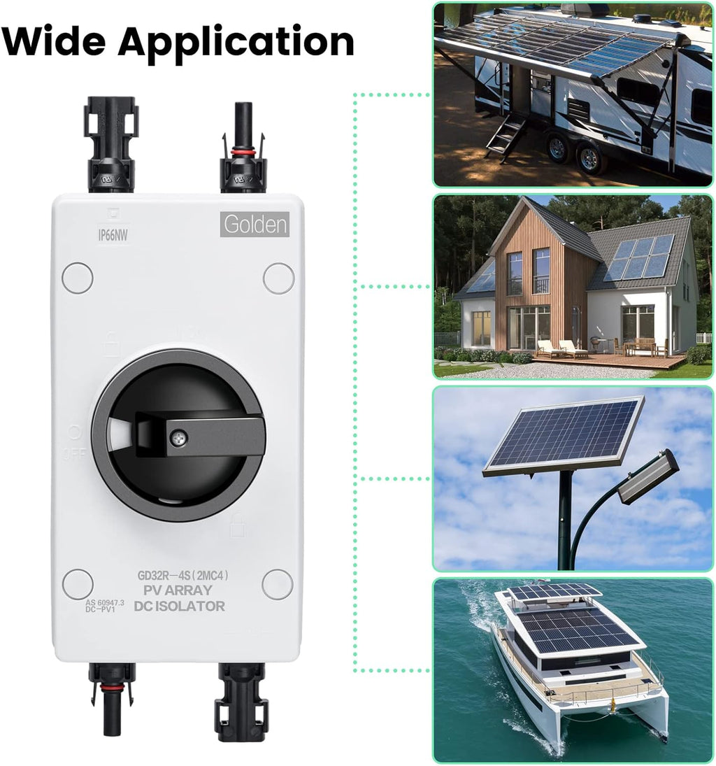 Solar Combiner Box 32A 1000V PV DC Isolator Switch with Solar Connector, IP66 Waterproof G9097