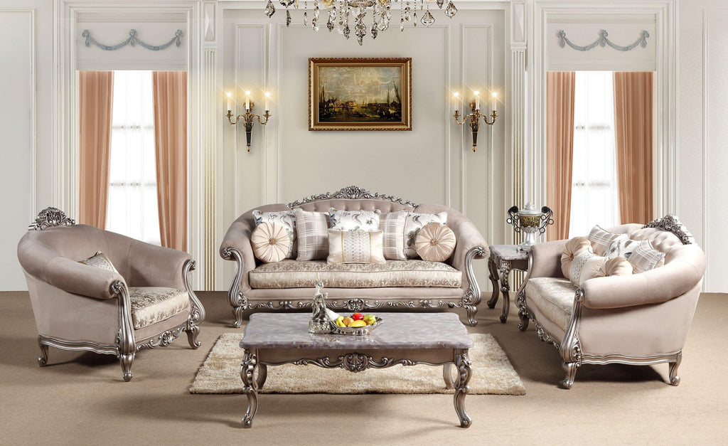 Beige Fabric Silver Finish Sofa Set 3Pc Q165883
