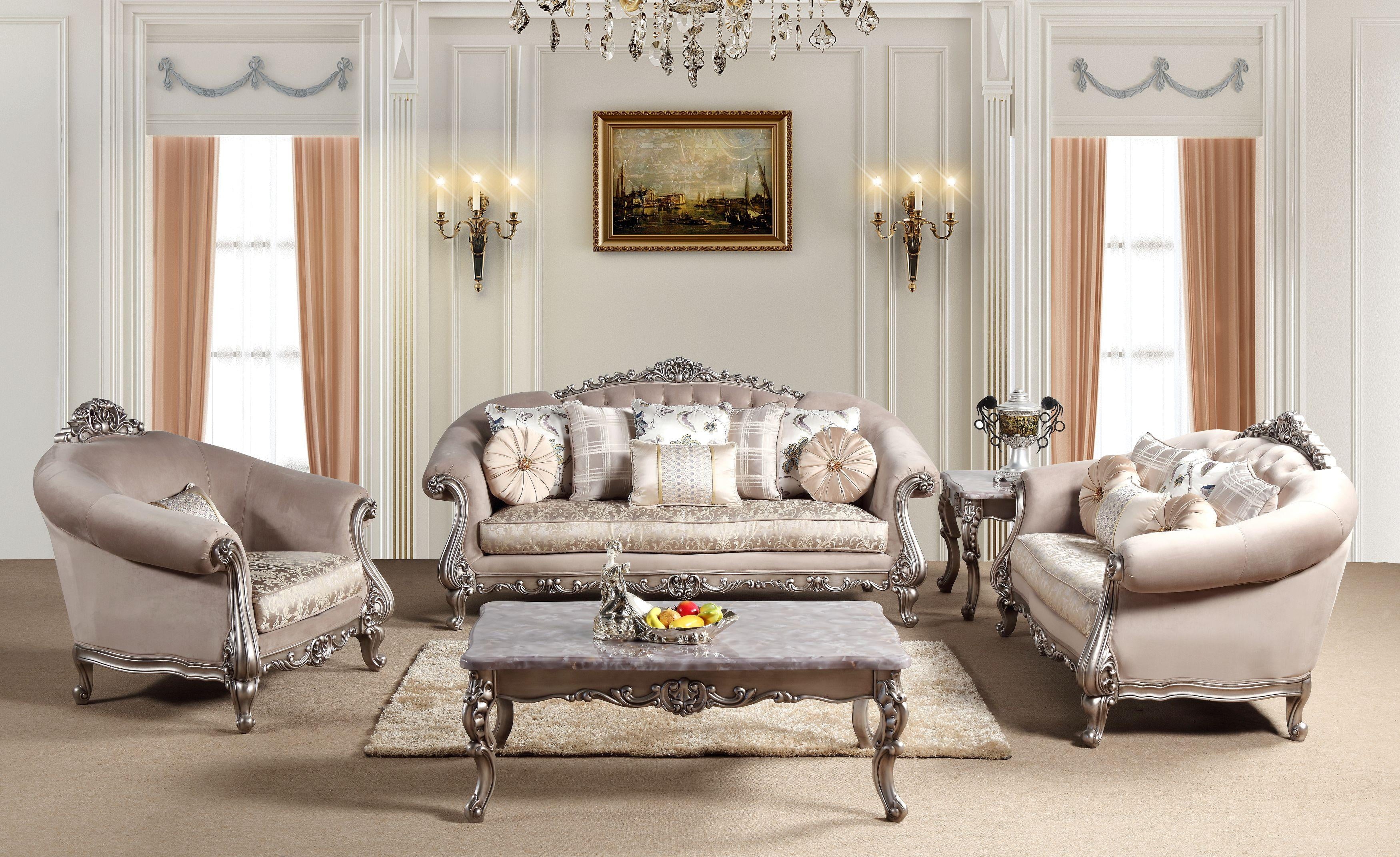 Beige Fabric Silver Finish Sofa Set 3Pc Q165883