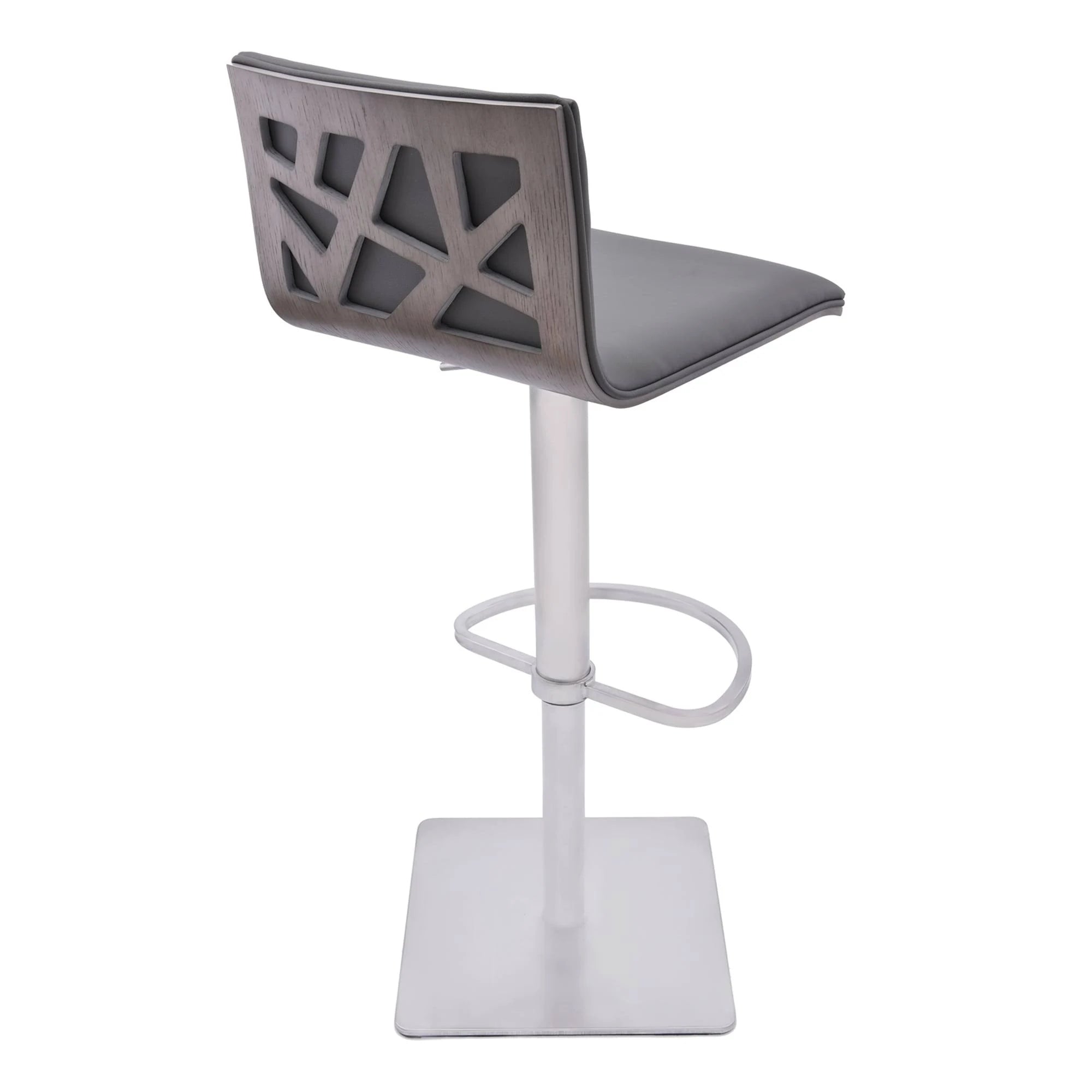 Brushed Stainless Steel Barstool with Grey Faux Leather and Walnut Back R4493