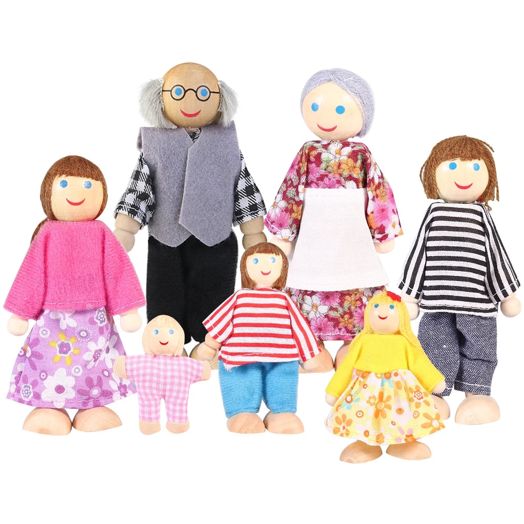 7pcs Wooden Dolls Pretend Play Set B389