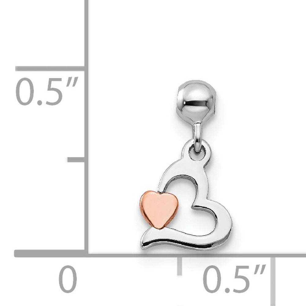 Sterling Silver Rhodium-Plated Rose-Tone Dangle Heart Charm Pendant With Sterling Silver Rope Chain Necklace 20'' W143