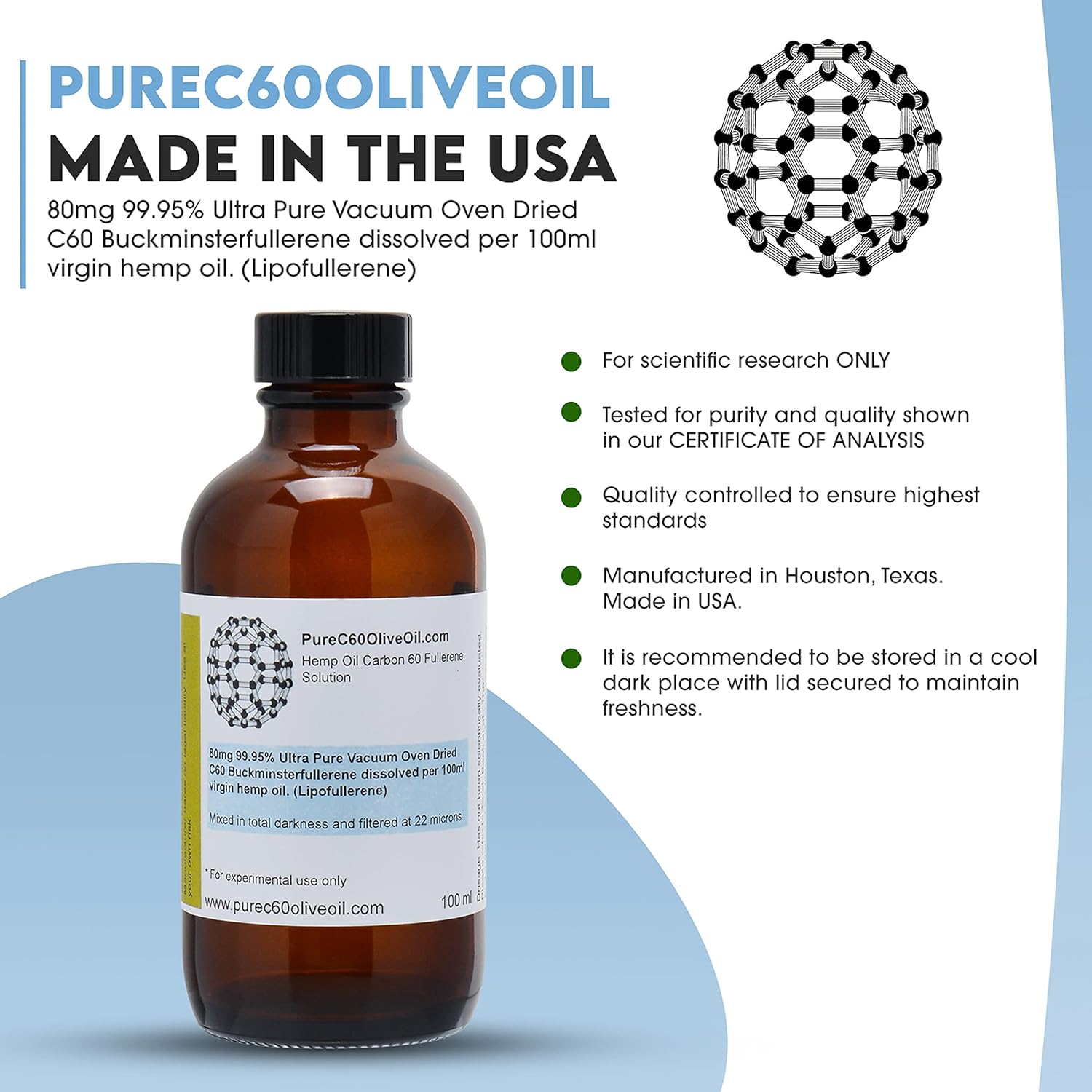 C60 Hemp Seed Oil 100ml / 3.4 Fl Oz 80mg Amber Glass Bottle Food Grade Pack of 2 J6283