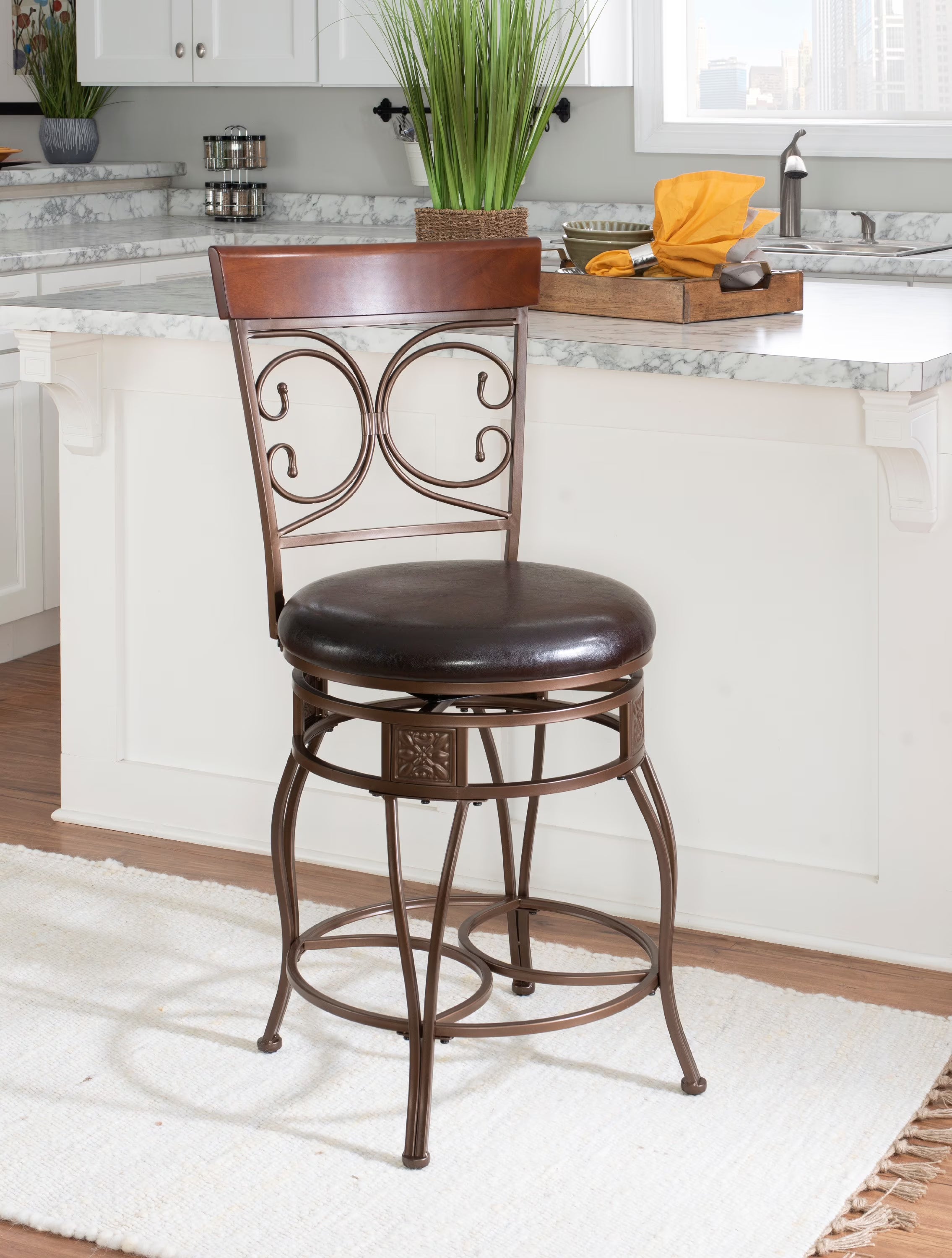 24.75" Metal Counter Stool with Swivel, Dark Bronze Faux Leather O9464
